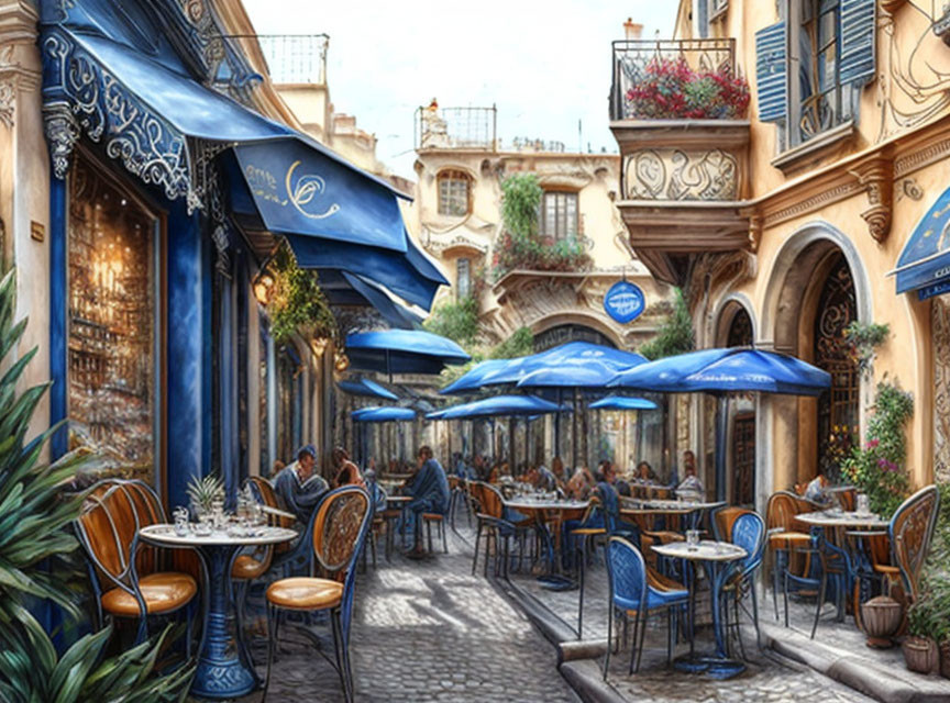 European Street Café Scene with Patrons Dining Under Blue Umbrellas