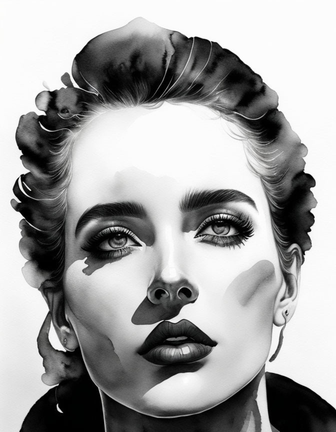 Monochromatic portrait of woman with stylized hair and striking eyes