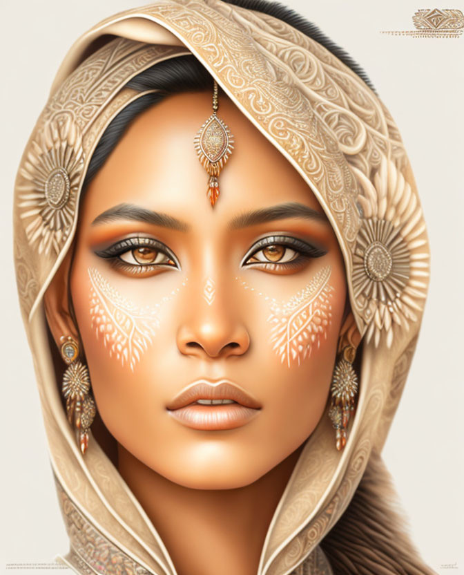 Detailed illustration of woman with ornate headscarf, jewelry, henna-like facial designs.