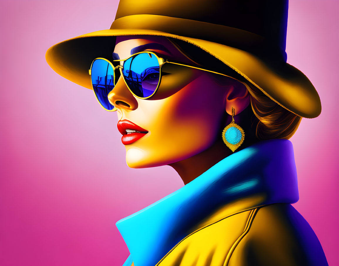 Fashionable Woman with Hat and Sunglasses on Pink Background