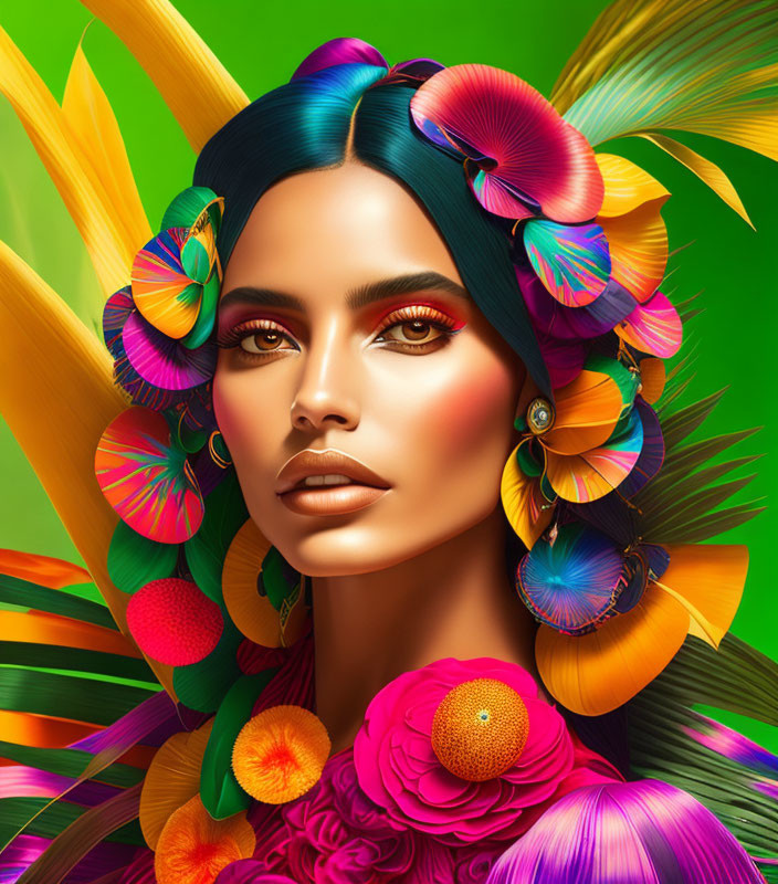 Colorful digital artwork: Woman with blue hair and tropical flowers on green background