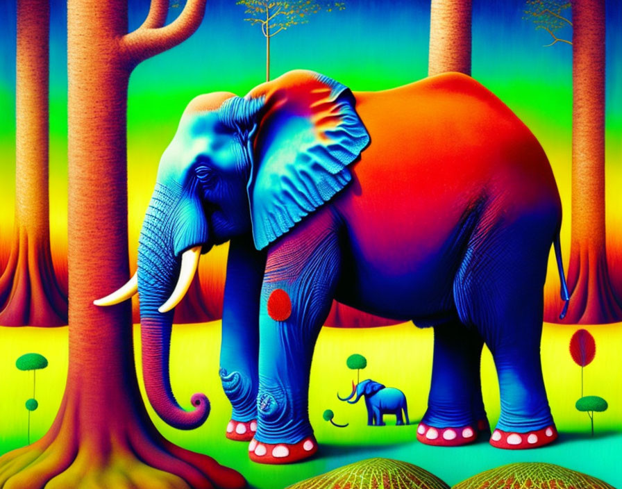 Colorful Artwork: Large Blue Elephant with Small Companion in Fantasy Landscape