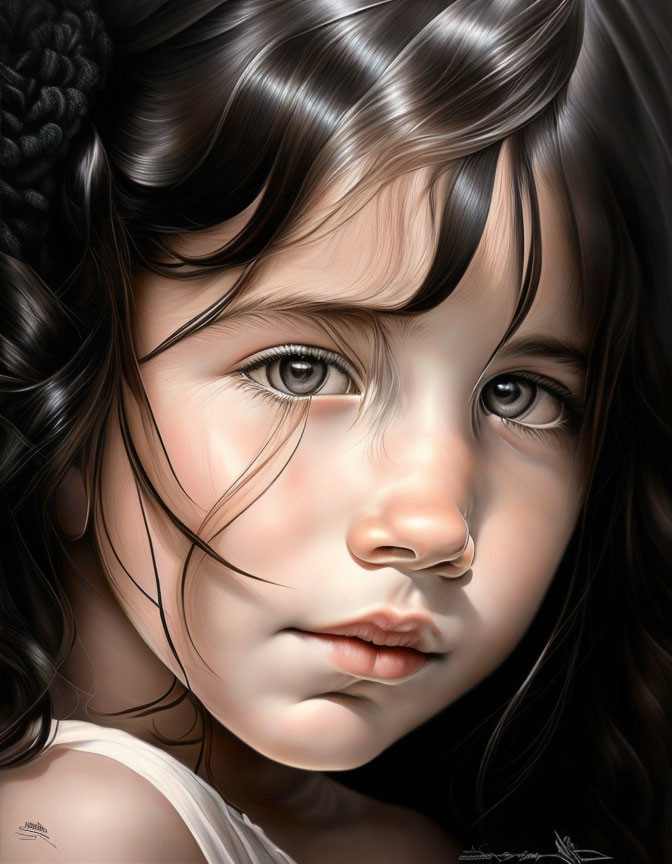 Hyper-realistic drawing of young girl with deep brown eyes and wavy hair