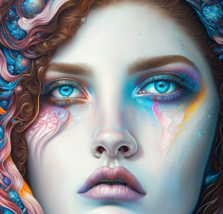 Colorful digital painting: Woman with blue eyes & cosmic hair patterns