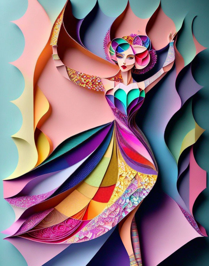 Colorful stylized woman with intricate patterns and folded paper textures