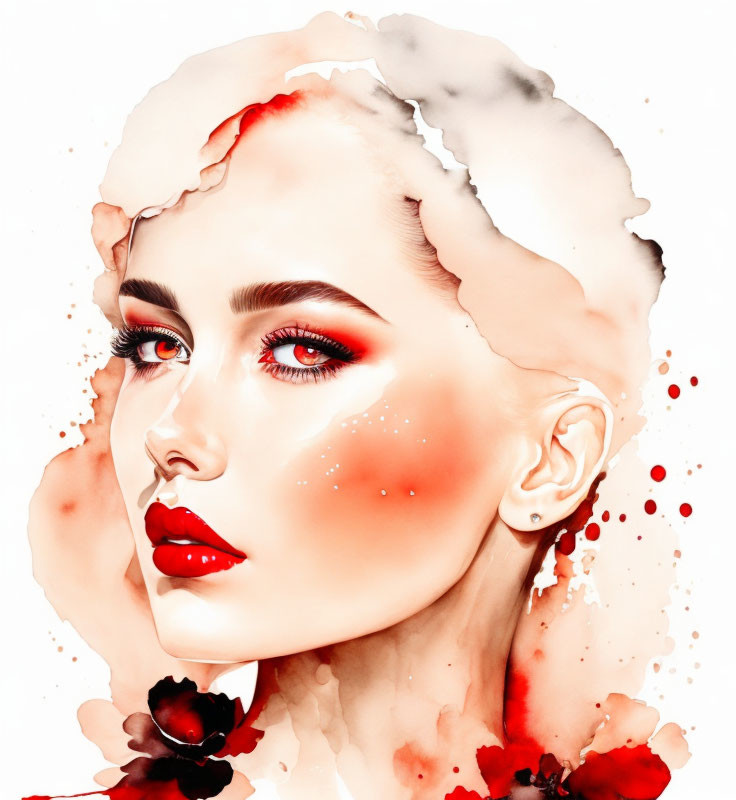 Woman with Red Makeup & Floral Elements in Surreal Watercolor Art