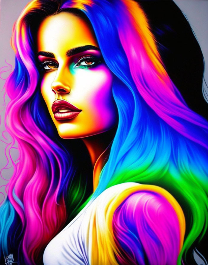 Colorful digital portrait of a woman with rainbow hair and blue eyes