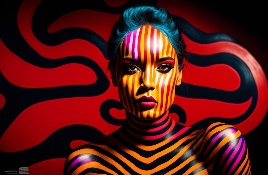 Colorful face and body paint on woman against red and black background