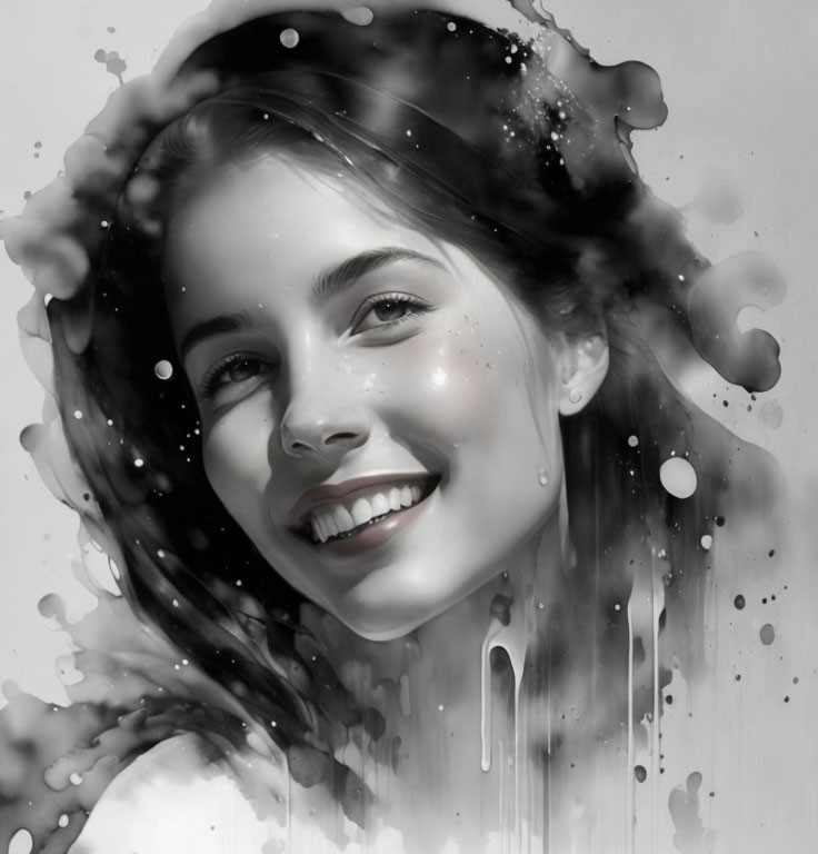 Monochromatic artwork: Smiling woman with face blending into abstract water patterns.