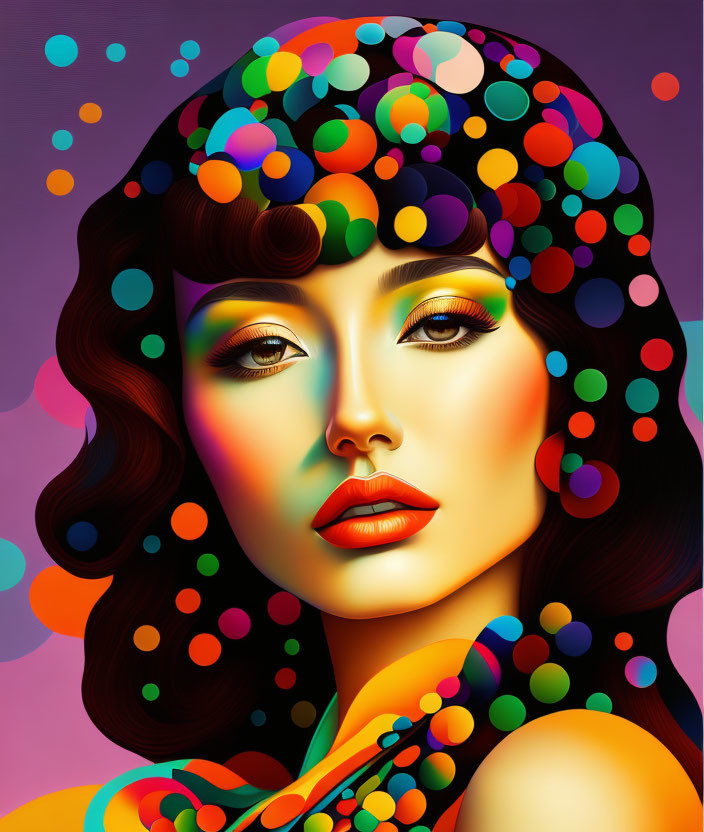 Colorful Woman Illustration with Multicolored Circles and Surreal Background