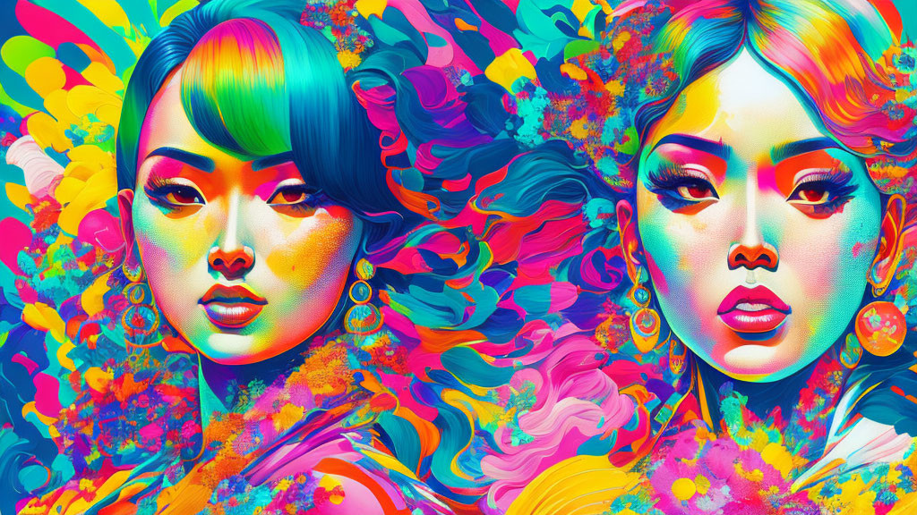 Colorful digital artwork: two women with swirling hair and bold makeup on vibrant background