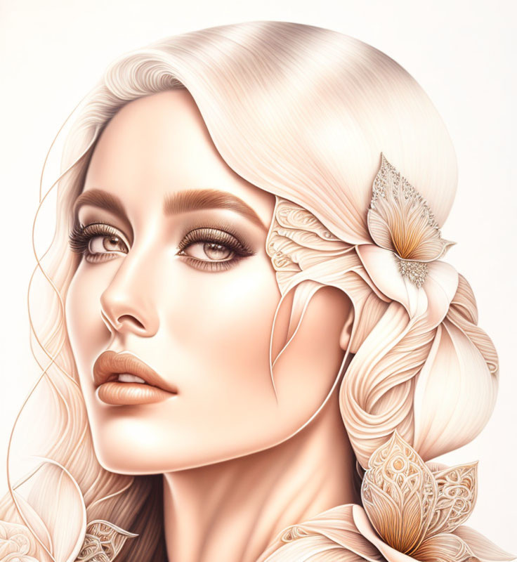 Digital artwork: Woman with white hair, floral decorations, detailed makeup, full lips, serene expression