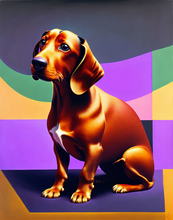 Glossy Tan and Black Dog on Colorful Geometric Background