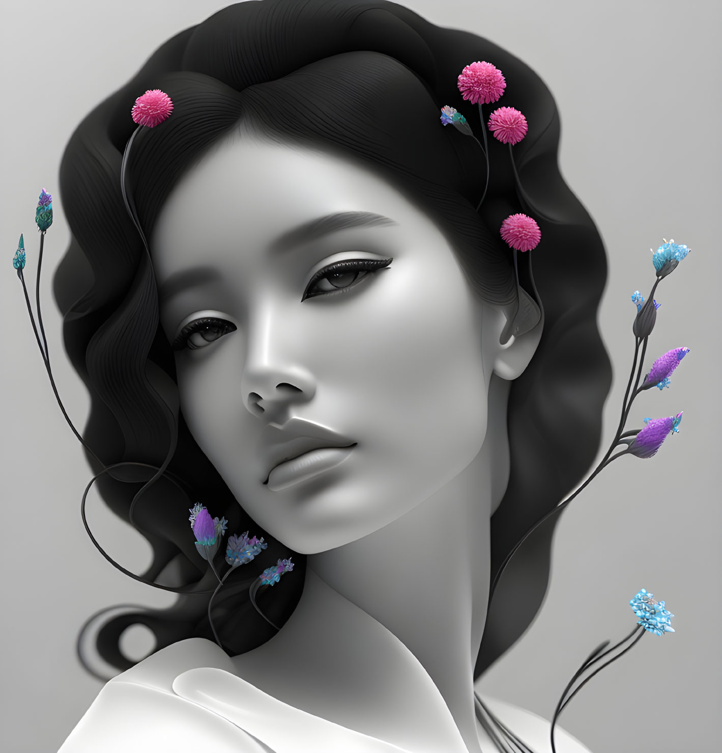 Monochrome portrait of a woman with serene expression and colorful floral hair adornment