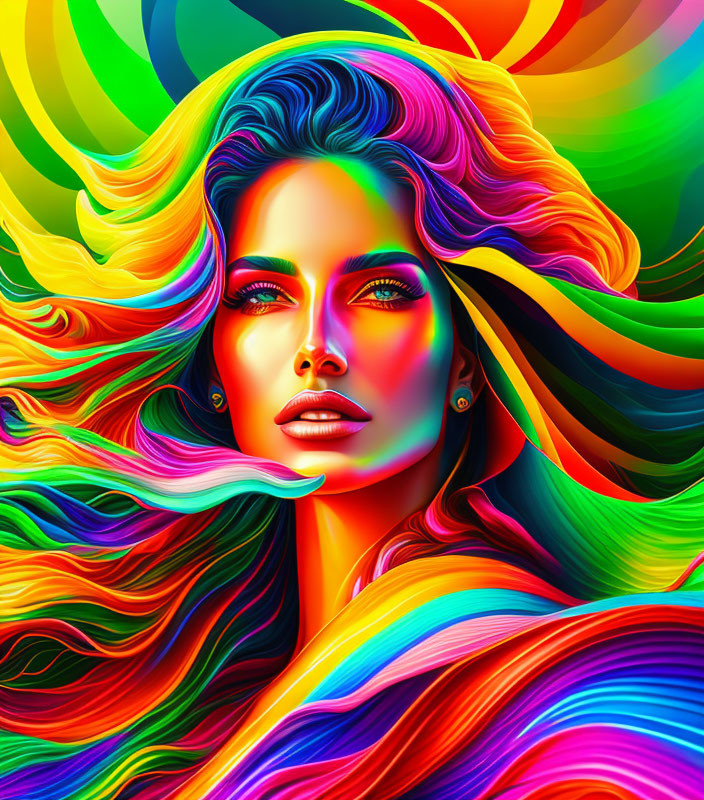 Colorful digital artwork: Woman with flowing hair in vibrant hues on rainbow backdrop