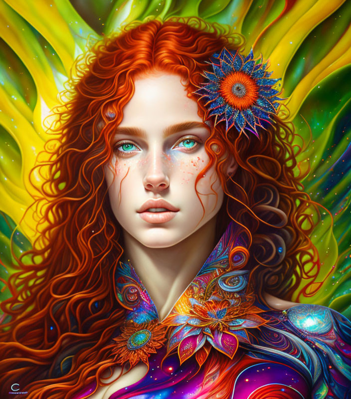 Colorful digital portrait of woman with red curly hair and floral patterns