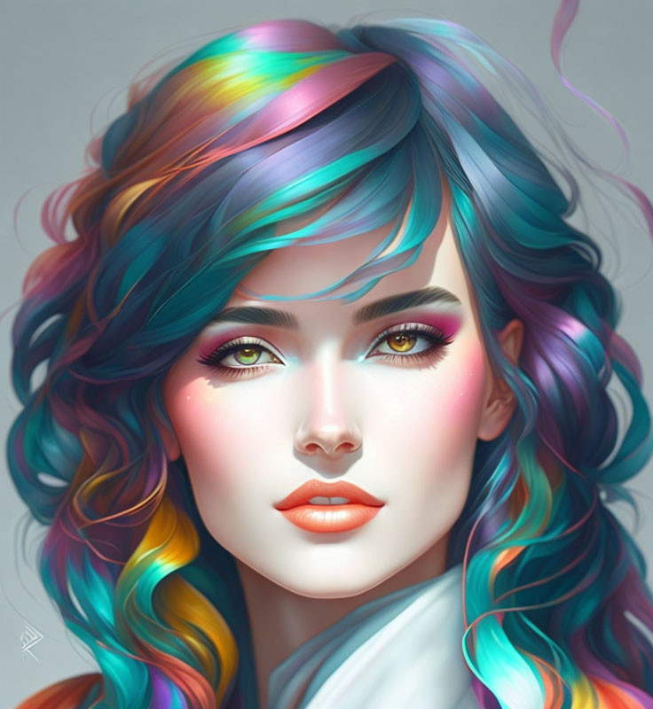 Vibrant digital portrait of a woman with rainbow hair and striking makeup