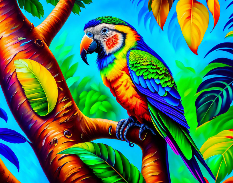 Colorful Parrot Perched on Tree Branch in Tropical Setting