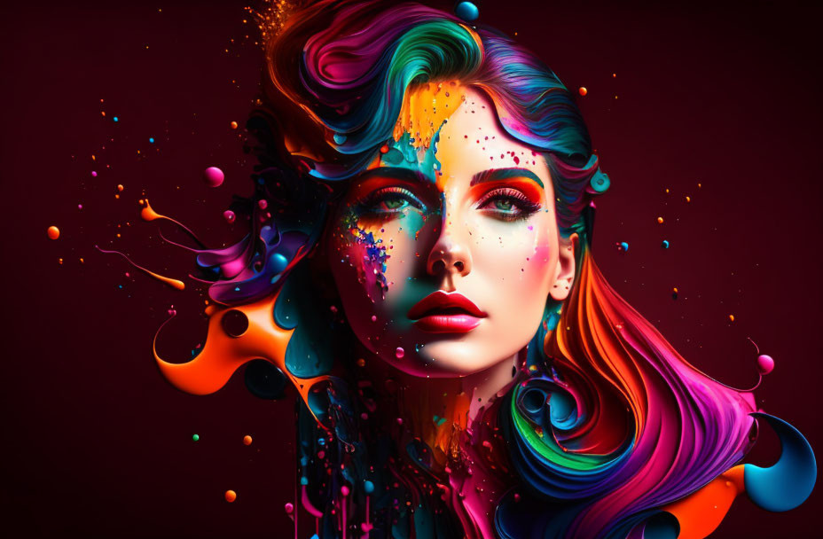 Colorful digital artwork of a woman with splashes and swirls on dark red backdrop