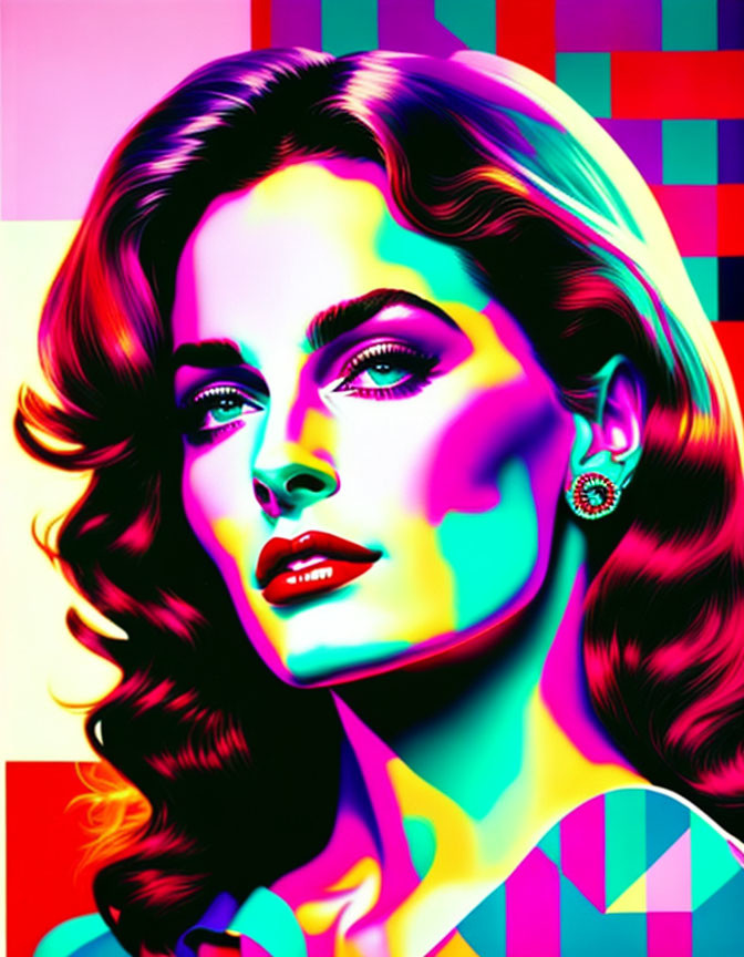 Vibrant pop art portrait of a woman with wavy hair