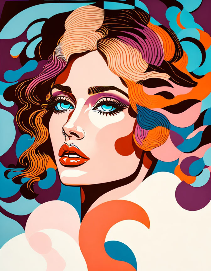 Vibrant woman illustration with flowing hair and bold patterns