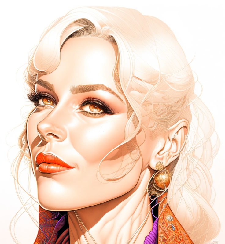 Blonde Woman Digital Illustration with Gold Earrings