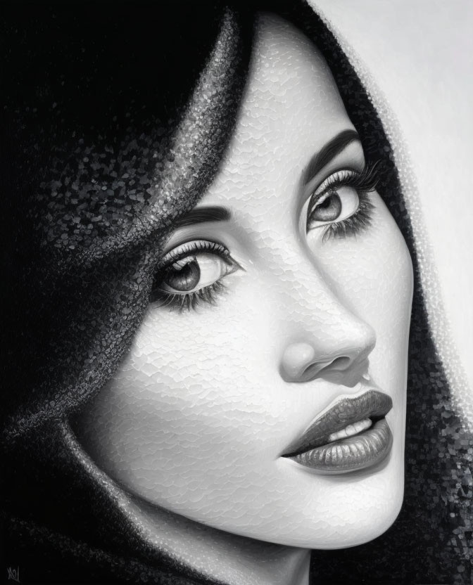 Detailed monochrome portrait of a woman with captivating eyes and a subtle smile in a hooded cloak.