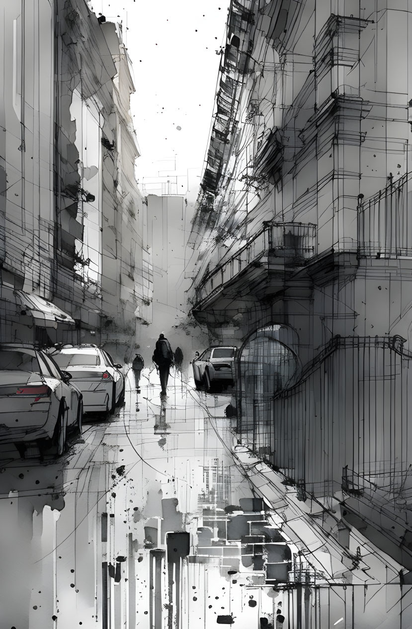 Monochromatic urban sketch of rainy city street with parked cars and silhouetted figures walking under