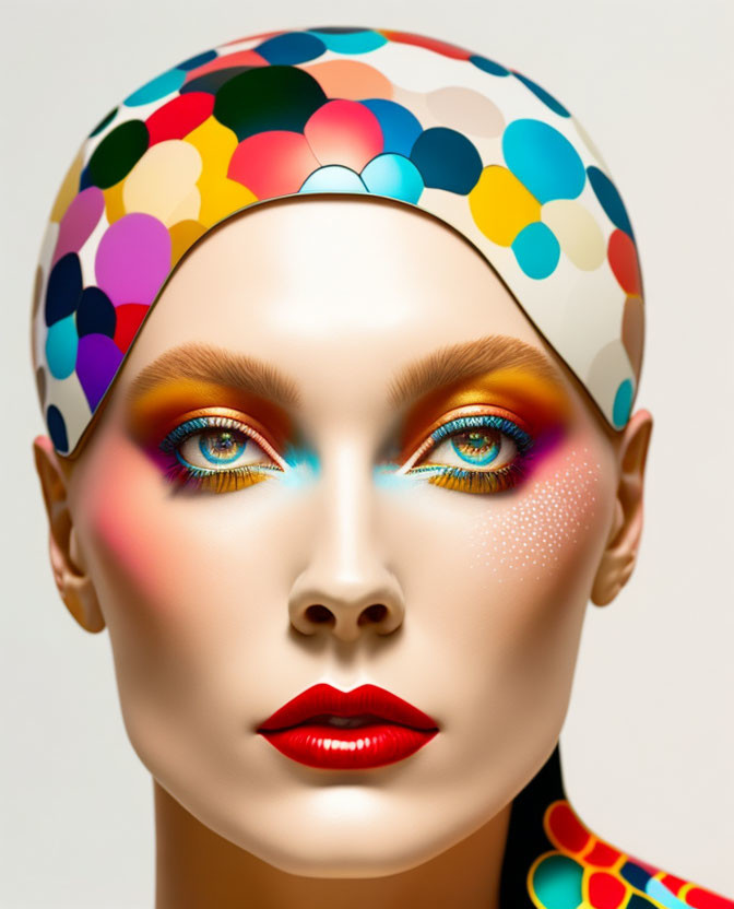 Colorful makeup and headpiece on model with red lips.