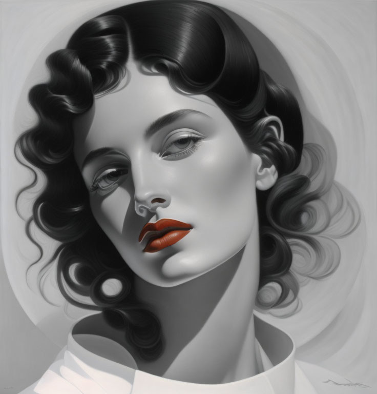 Monochrome portrait of a woman with wavy hair and bright red lips