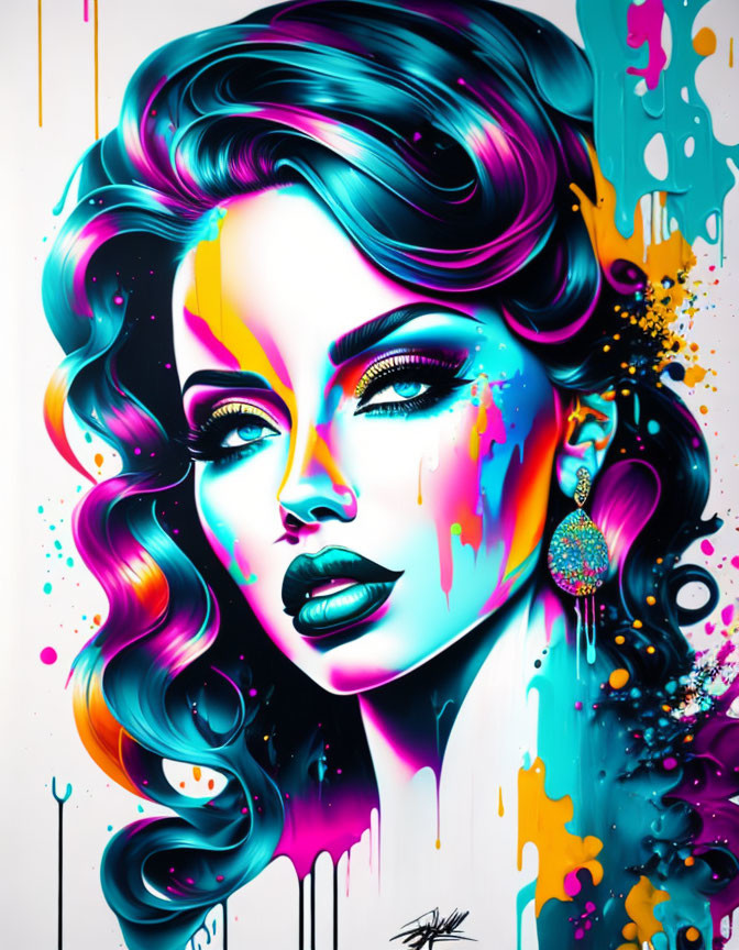 Colorful pop-art portrait of woman with flowing hair and bold makeup