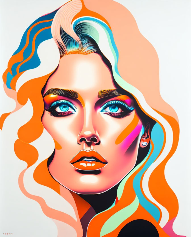 Colorful abstract portrait of a woman with flowing hair and striking blue eyes.