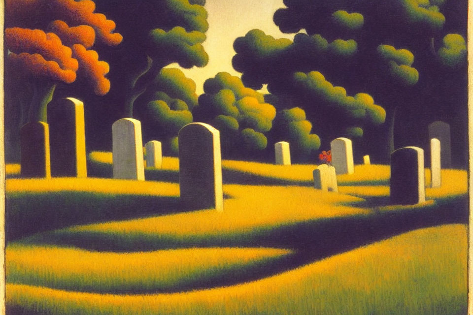 Stylized painting of cemetery with tall tombstones, undulating ground, dark trees, yellow-orange