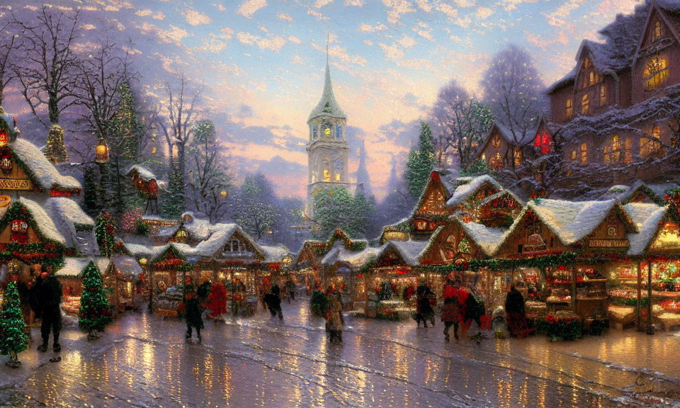 Snow-covered roofs and festive market stalls in a winter village scene at dusk