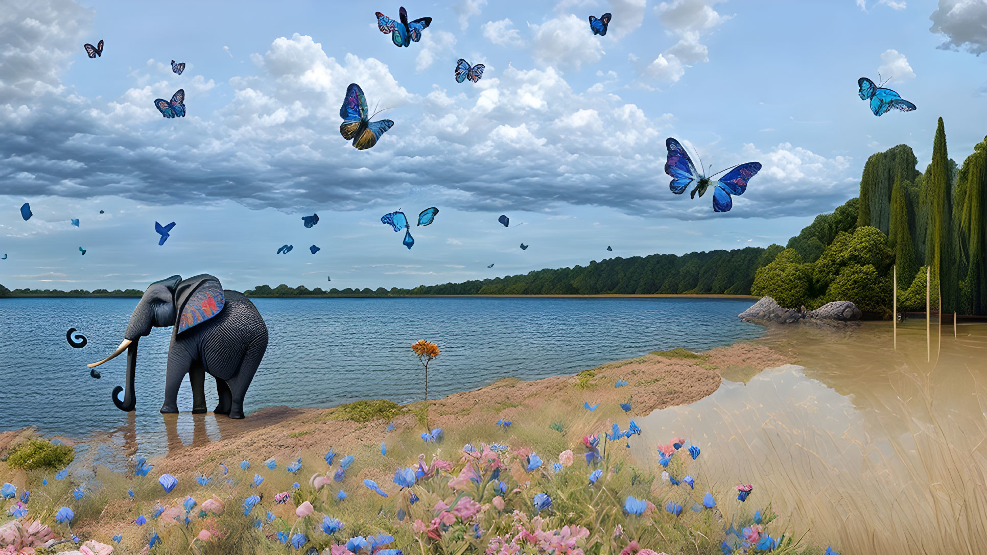 Elephant by Lakeside Surrounded by Colorful Butterflies