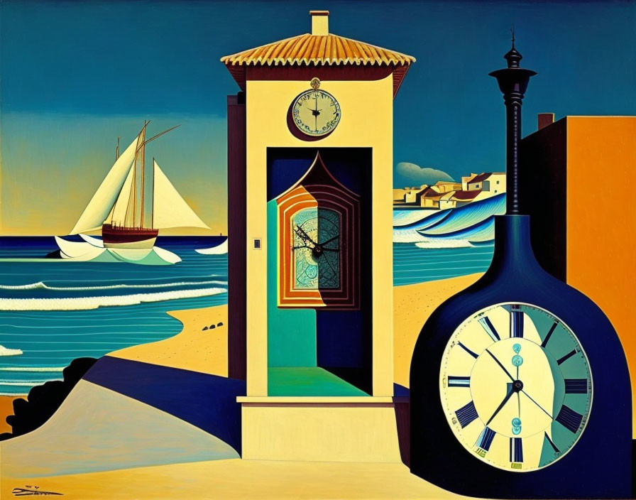 Surreal coastal scene with oversized pocket watch, geometric doorway, ship, waves, bold sky