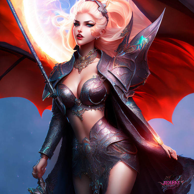 Fantasy warrior woman in silver armor with glowing sword on red backdrop