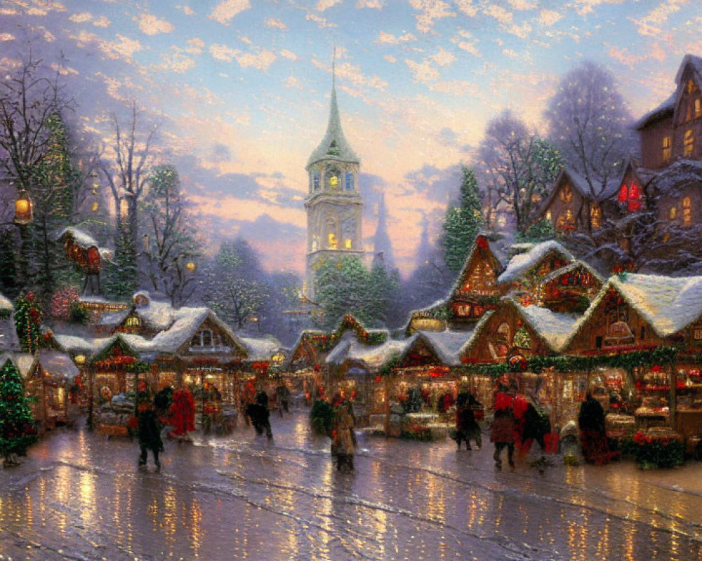 Snow-covered roofs and festive market stalls in a winter village scene at dusk