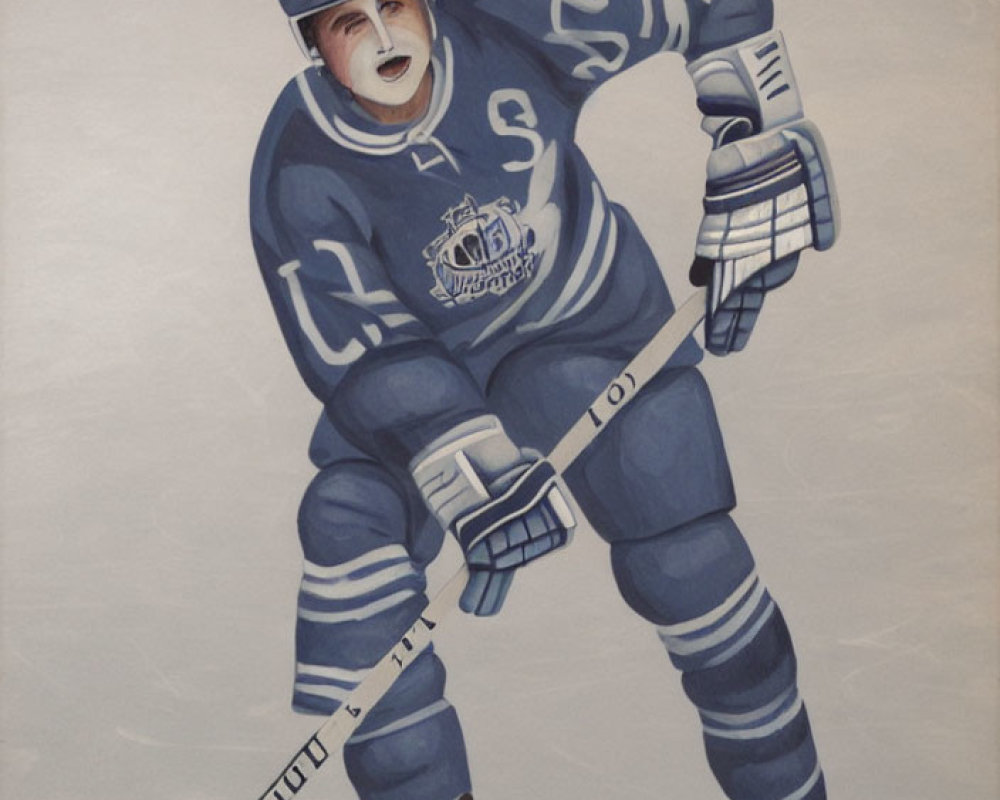 Ice Hockey Player Painting in Blue Uniform on Ice