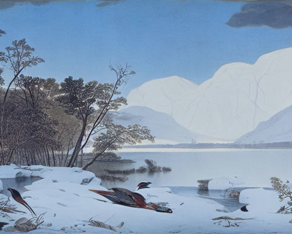 Snowy Landscape Painting with Lake, Mountains, Trees, and Birds