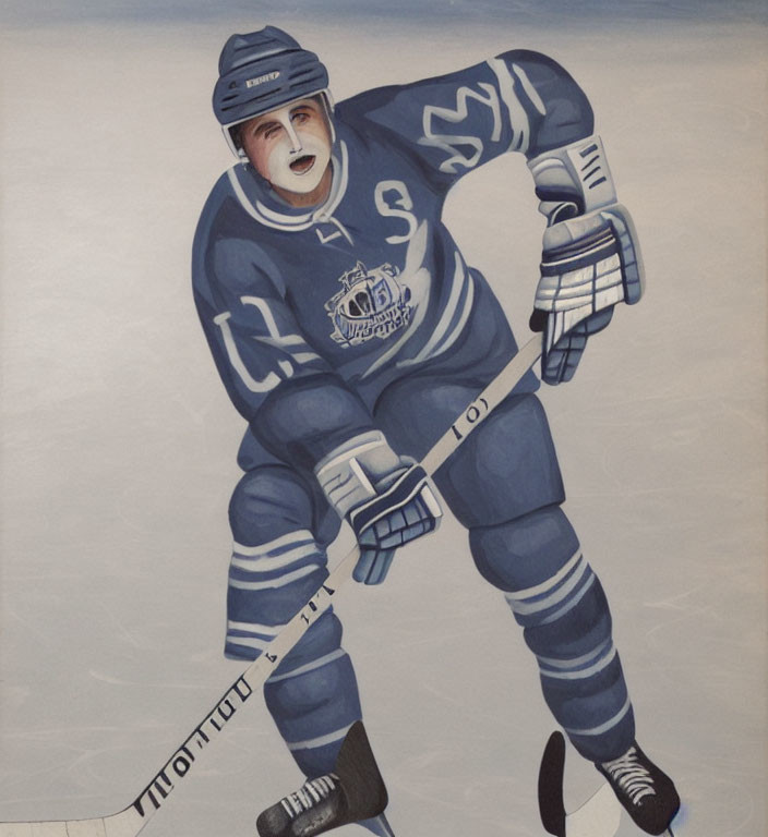 Ice Hockey Player Painting in Blue Uniform on Ice