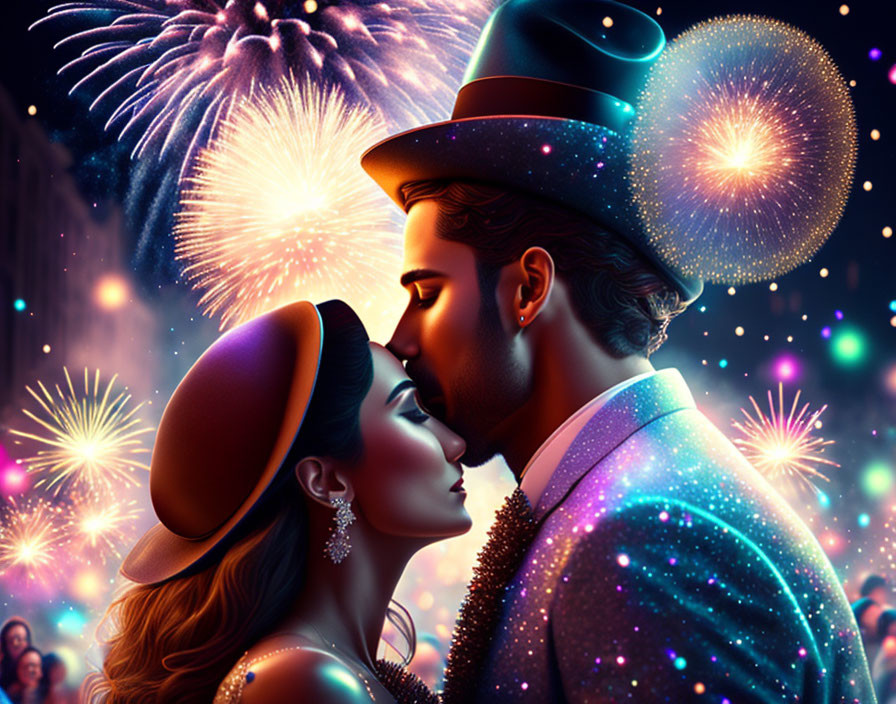 Festive couple in vibrant scene with fireworks & crowd