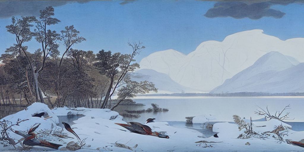 Snowy Landscape Painting with Lake, Mountains, Trees, and Birds