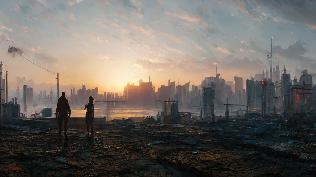 Dystopian cityscape with two figures at sunset