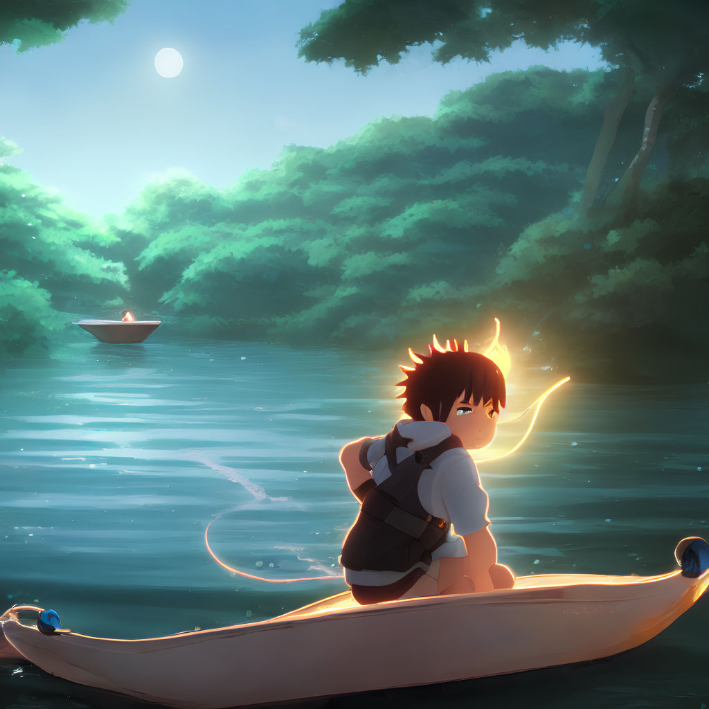 Boy in canoe with glowing creature under full moon