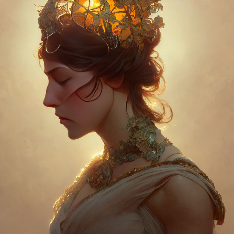 Regal Woman with Gold Crown and Ornate Shoulder Piece