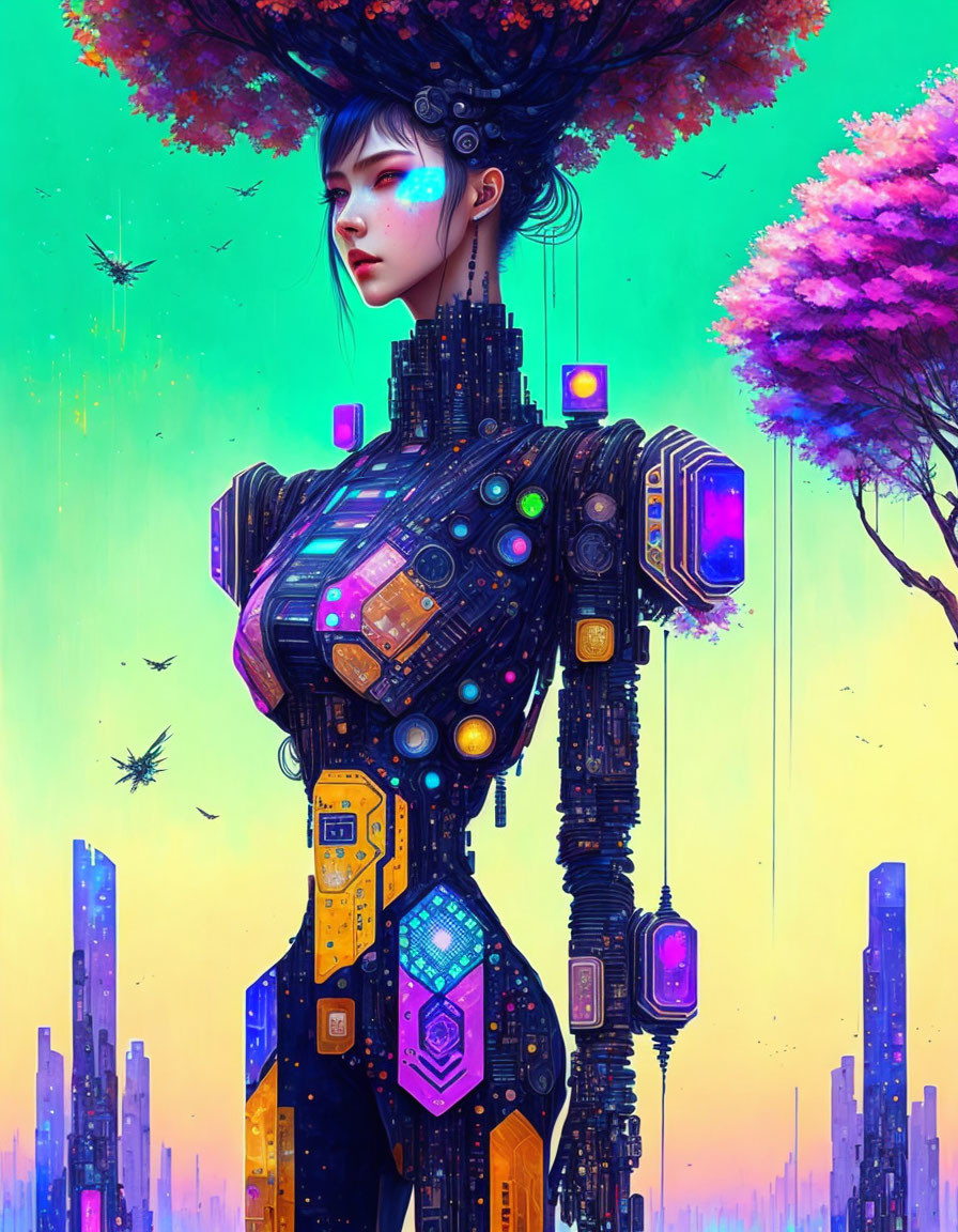 Futuristic digital artwork: robotic female with tree head in neon cityscape