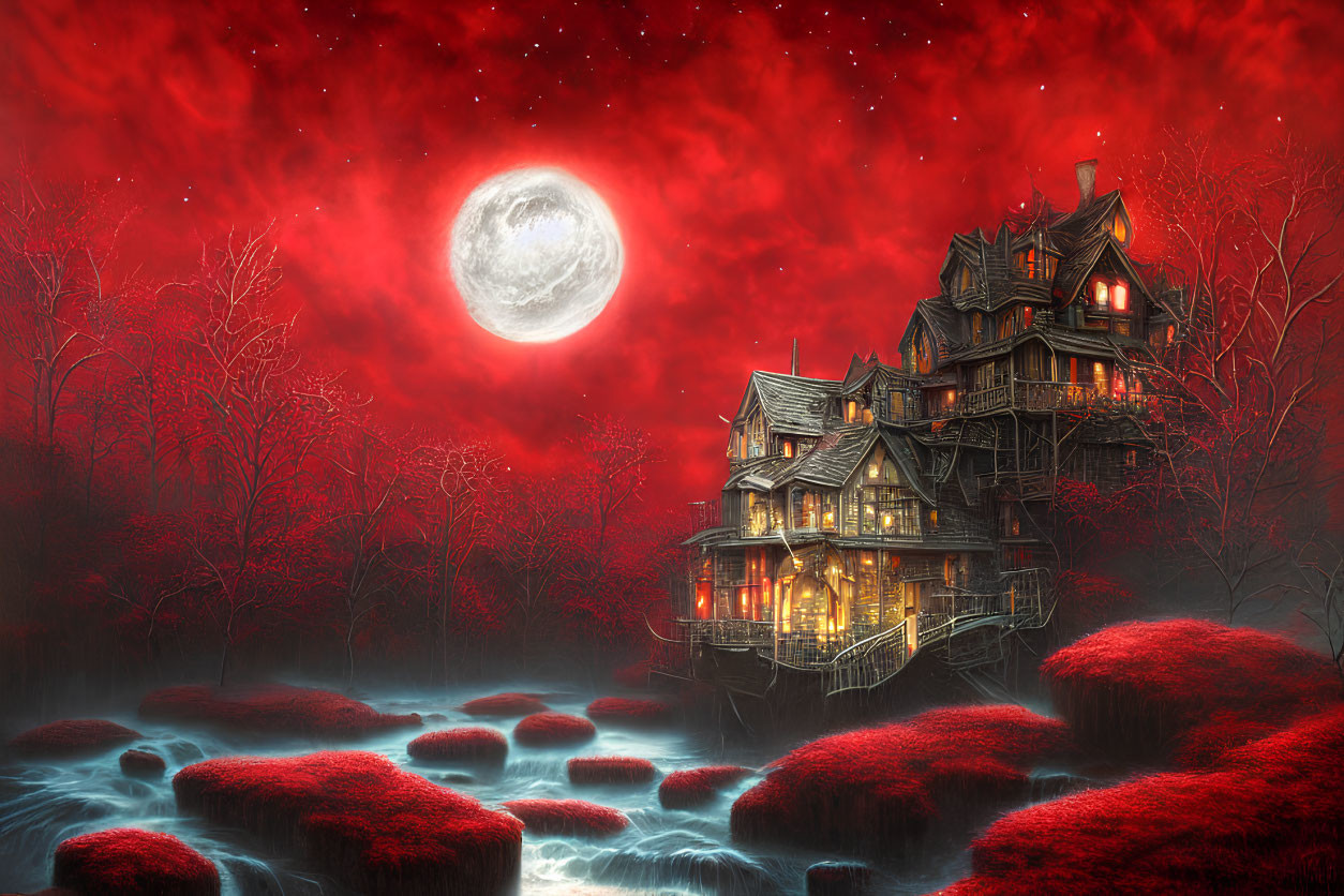 Victorian house in eerie night setting with red sky and full moon