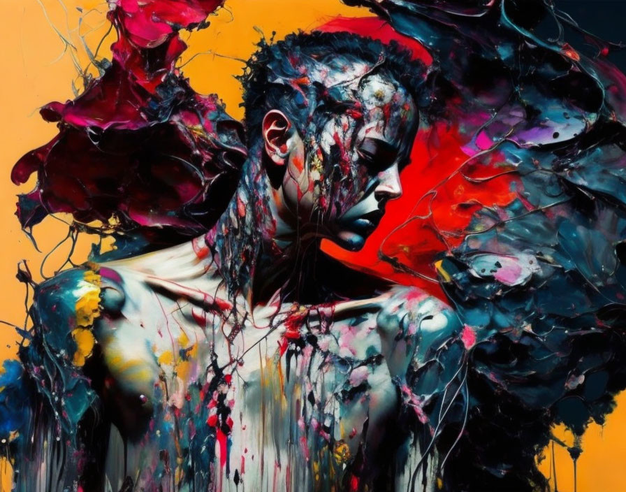 Colorful Abstract Art: Person with Paint Splatters on Face and Body