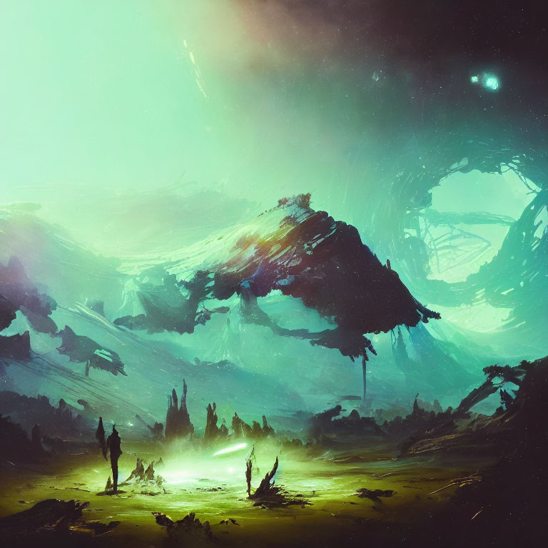 Alien landscape with explorers, rock formations, and star-filled sky